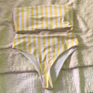 Strapless matching yellow striped bikini set